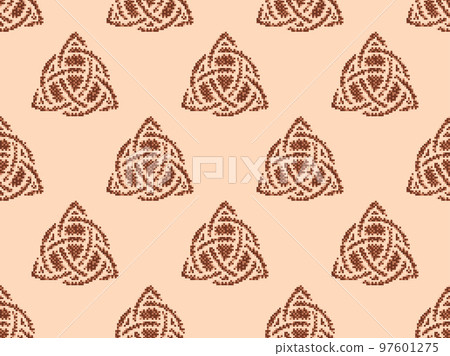 Seamless pattern with Triquetra in pixel art style. Pixelated Triquetra. Trinity knot. Style of 8-bit retro games from the 80s and 90s. Design for app, banner and poster. Vector illustration Seamless pattern with Triquetra in pixel art style. Pixelated Triquetra. Trinity knot. Style of 8-bit retro games from the 80s and 90s. Design for app, banner and poster. Vector illustration 97601275