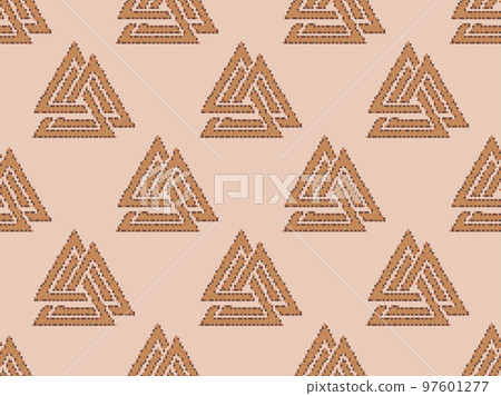 Seamless pattern with Valknut in pixel art style. Pixelated Valknut. Weaving three worlds. Style of 8-bit retro games from the 80s and 90s. Design for app, banner and poster. Vector illustration Seamless pattern with Valknut in pixel art style. Pixelated Valknut. Weaving three worlds. Style of 8-bit retro games from the 80s and 90s. Design for app, banner and poster. Vector illustration 97601277