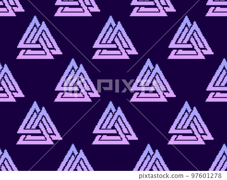 Seamless pattern with Valknut in pixel art style. Pixelated Valknut. Weaving three worlds. Style of 8-bit retro games from the 80s and 90s. Design for app, banner and poster. Vector illustration Seamless pattern with Valknut in pixel art style. Pixelated Valknut. Weaving three worlds. Style of 8-bit retro games from the 80s and 90s. Design for app, banner and poster. Vector illustration 97601278