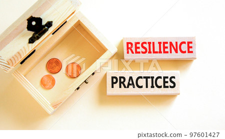 Resilience practices symbol. Concept word Resilience practices typed wooden blocks. Beautiful white table white background. Wooden chest with coins. Business resilience practices concept. Copy space. 97601427