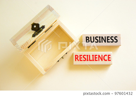 Business resilience symbol. Concept word Business resilience typed on wooden blocks. Beautiful white table white background. Empty wooden chest. Business and business resilience concept. Copy space. Business resilience symbol. Concept word Business resilience typed on wooden blocks. Beautiful white table white background. Empty wooden chest. Business and business resilience concept. Copy space. 97601432