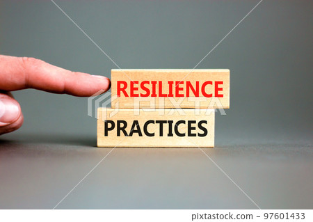 Resilience practices symbol. Concept word Resilience practices typed wooden blocks. Beautiful grey table grey background. Businessman hand. Business and resilience practices concept. Copy space. 97601433