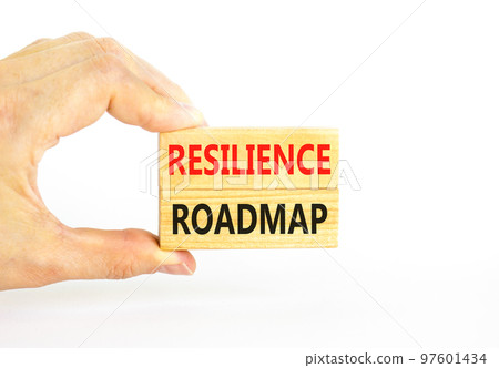 Resilience roadmap symbol. Concept word Resilience roadmap typed on wooden blocks. Beautiful white table white background. Businessman hand. Business and resilience roadmap concept. Copy space. 97601434