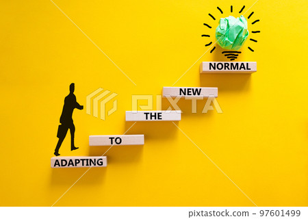 Adapting to the new normal symbol. Wooden blocks with words Adapting to the new normal on yellow background, copy space. Businessman icon, light bulb. Business, new normal concept. 97601499