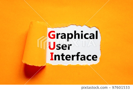 GUI graphical user interface symbol. Concept words GUI graphical user interface on white paper on a beautiful orange background. Business and GUI graphical user interface concept. Copy space. 97601533