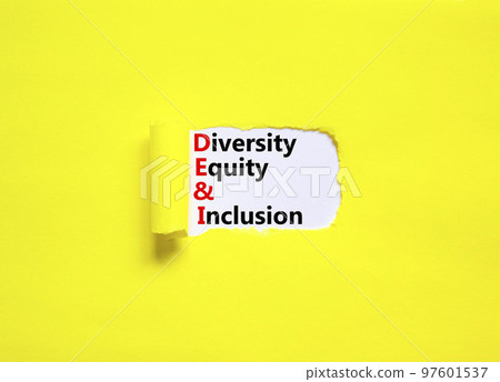 DEI, Diversity equity and inclusion symbol. Concept words DEI diversity equity and inclusion on white paper on beautiful yellow background. Business DEI diversity equity and inclusion concept. 97601537