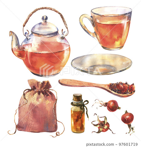 Watercolor set, transparent glass teapot with black tea, glass mug and saucer, linen bag and wooden spoon with rosehip tea and brier berries. 97601719