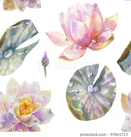 Watercolor Seamless Pattern with Romantic flowers of water lily on white background. Watercolor Seamless Pattern with Romantic flowers of water lily on white background. 97601723