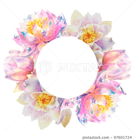 watercolor wreath of water lily flowers with empty space for your text. Greeting card with watercolor wild flowers on a white background. watercolor wreath of water lily flowers with empty space for your text. Greeting card with watercolor wild flowers on a white background. 97601724