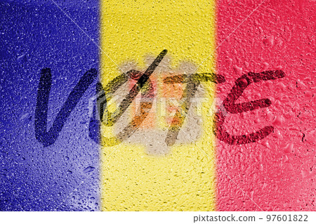 Elections in Andorra. Voice - an inscription on the background of the flag of Andorra. The will of the people of Andor. Free elections in Andor. Elections in Andorra. Voice - an inscription on the background of the flag of Andorra. The will of the people of Andor. Free elections in Andor. 97601822