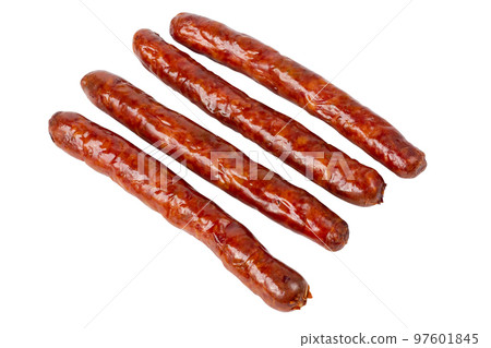 Grilled sausages isolated on white background. BBQ sausages on a white background Grilled sausages isolated on white background. BBQ sausages on a white background 97601845