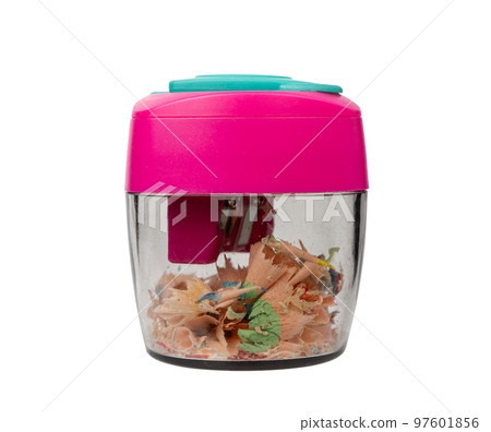Plastic pencil sharpener. Pencil sharpener isolated on white background 97601856