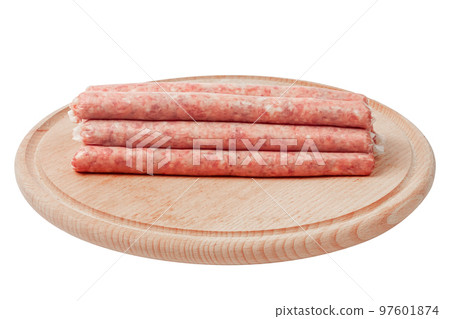 Thin sausages. Homemade sausages isolated on white. 97601874