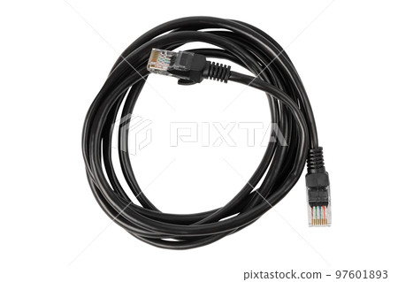 Black patch cord isolated on white. Patch cable with rj45 connector Black patch cord isolated on white. Patch cable with rj45 connector 97601893