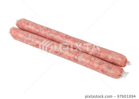 Thin sausages. Homemade sausages isolated on white. Thin sausages. Homemade sausages isolated on white. 97601894