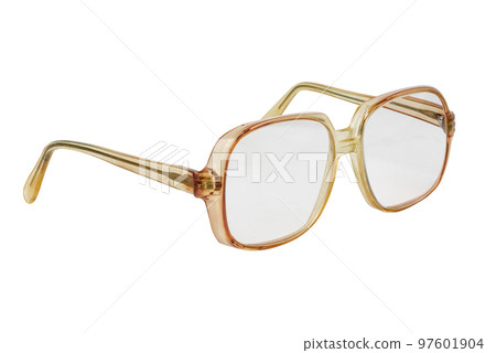 Old fashioned glasses isolated on white background. Grandma's glasses on a white background. Grandpa's old glasses. 97601904