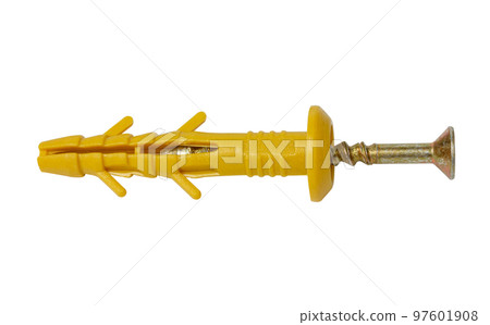 Plastic dowel with a self-tapping screw on a white background. 97601908