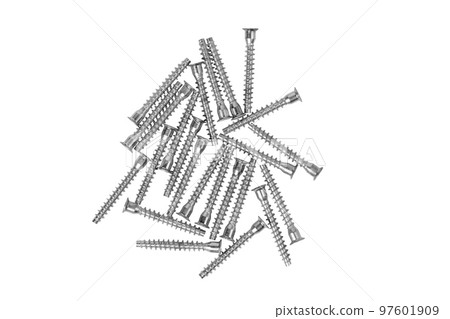 Screws confirm close-up. Confirmat screws isolated on white background 97601909