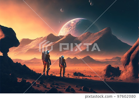 astronaut on planet Mars, looking at the moon illustration generative AI astronaut on planet Mars, looking at the moon illustration generative AI 97602080