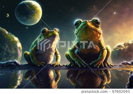 green frogs in space illustration generative ai 97602093