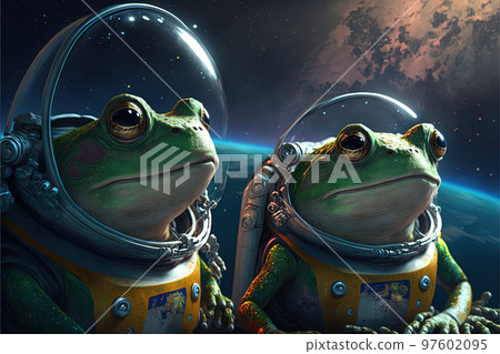 green frogs in space illustration generative ai 97602095