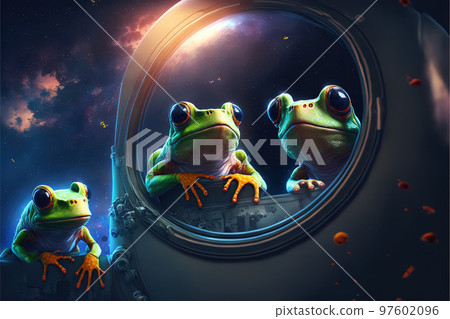 green frogs in space illustration generative ai 97602096