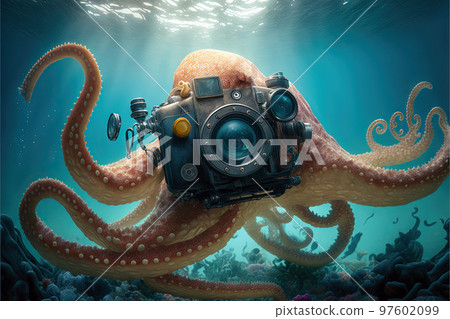 octopus with camera underwater illustration, generative ai 97602099