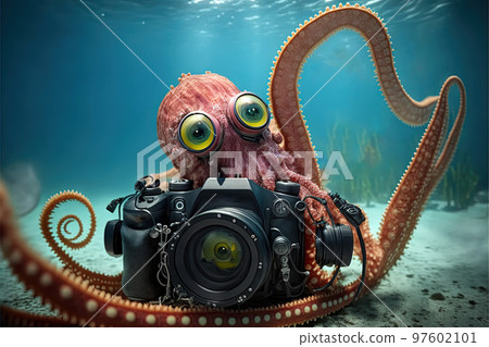 octopus with camera underwater illustration, generative ai 97602101