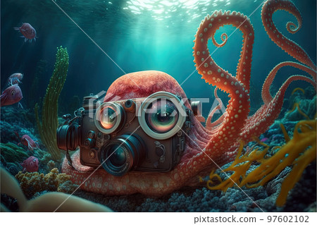 octopus with camera underwater illustration, generative ai 97602102