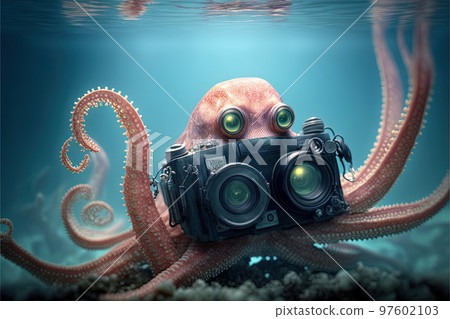 octopus with camera underwater illustration, generative ai 97602103
