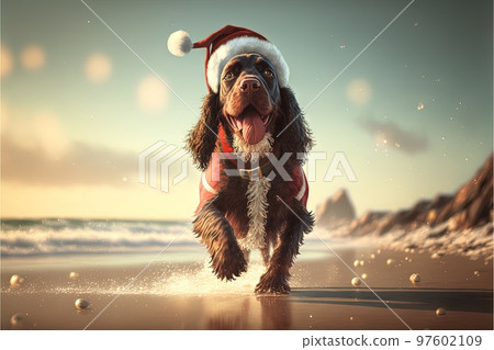 santa claus dog on the beach cocker spaniel illustration generative ai 97602109