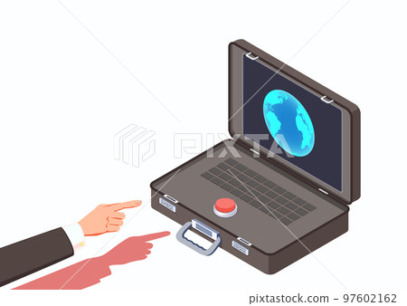 Hand of Commander in Chief or Politician before press the Red Button Nuclear Briefcase. 97602162