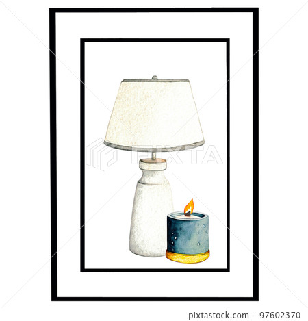 Interior painting. Wax candle and electric lamp. Watercolor illustration interior of living room. Clipart. Home decor elements on a white background. Interior painting. Wax candle and electric lamp. Watercolor illustration interior of living room. Clipart. Home decor elements on a white background. 97602370