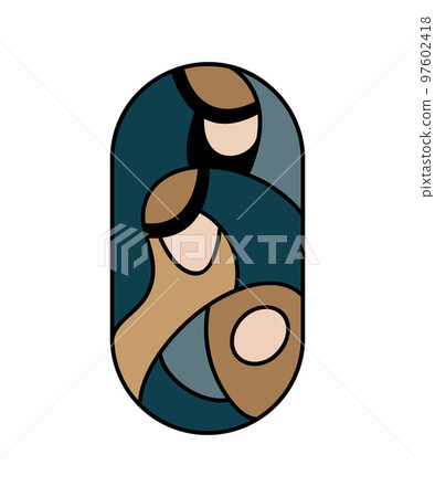 Vector color Christmas Christian religious Nativity Scene of baby Jesus with Mary, Joseph in round. Logo icon sketch. Doodle hand drawn illustration 97602418