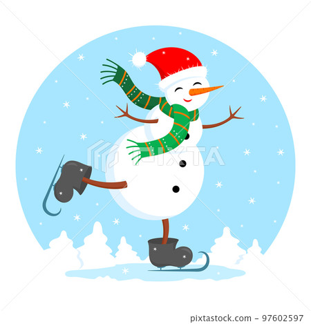 Funny snowman ice skating on frozen winter lake. Christmas holiday festive greeting card flat style vector illustration Funny snowman ice skating on frozen winter lake. Christmas holiday festive greeting card flat style vector illustration 97602597