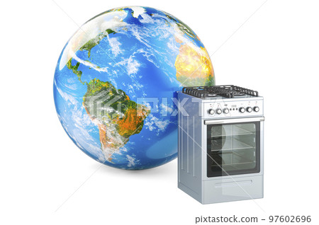 Gas range with Earth Globe, 3D rendering Gas range with Earth Globe, 3D rendering 97602696