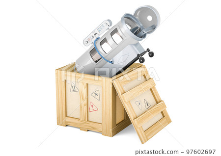 Hyperbaric chamber inside wooden box, delivery concept. 3D rendering Hyperbaric chamber inside wooden box, delivery concept. 3D rendering 97602697
