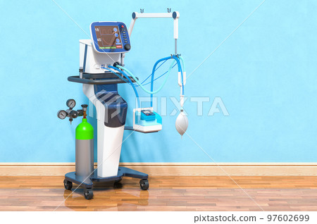 Medical ventilator in room near wall, 3D rendering Medical ventilator in room near wall, 3D rendering 97602699