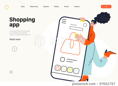 Shopping application - Online shopping and electronic commerce series - modern flat vector concept illustration of a woman with her mobile phone. Promotion, discounts, sale and online orders concept Shopping application - Online shopping and electronic commerce series - modern flat vector concept illustration of a woman with her mobile phone. Promotion, discounts, sale and online orders concept 97602787