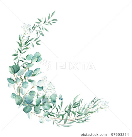 Watercolor greenery wreath, eucalyptus, gypsophila and pistachio branches. Rustic foliage. Hand drawn botanical illustration isolated on white background. Ideal for stationery, invitations, save the 97603254