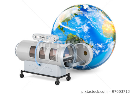 Hyperbaric chamber with Earth Globe, 3D rendering Hyperbaric chamber with Earth Globe, 3D rendering 97603713