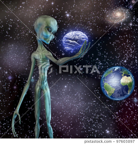 Alien ponders human brain Alien ponders human brain 97603897