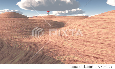Man stands in rocky desert 97604095