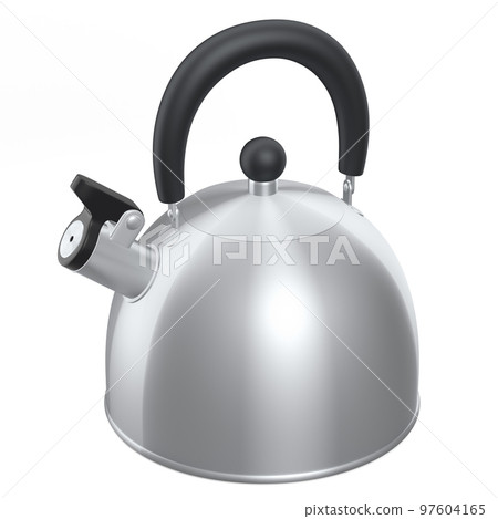Stainless steel stovetop kettle with whistle isolated on white background. 97604165