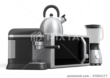 Kitchen appliances and utensils for making breakfast on white background 97604177