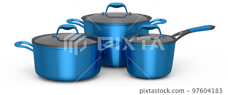 Set of stewpot, frying pan and chrome plated cookware on white background Set of stewpot, frying pan and chrome plated cookware on white background 97604183