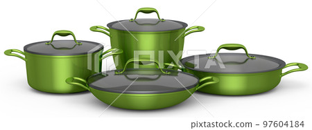 Set of stewpot, frying pan and chrome plated cookware on white background 97604184