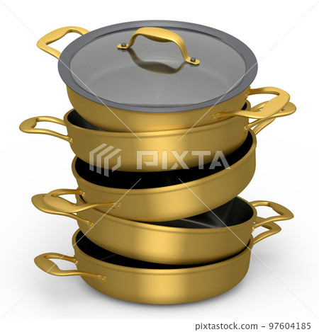 Set of stainless steel stewpot and chrome plated cookware on white background 97604185