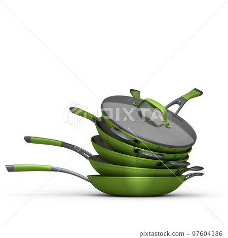 Stack of frying pan with glass lid on white, non-stick kitchen utensils Stack of frying pan with glass lid on white, non-stick kitchen utensils 97604186
