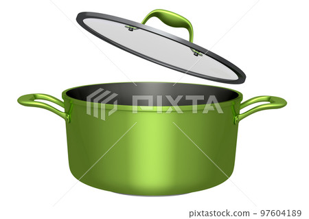 Stainless steel stewpot and chrome plated aluminum cookware on white background 97604189